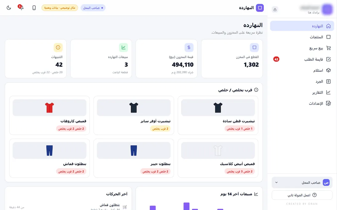 Inventory & Sizes demo screen